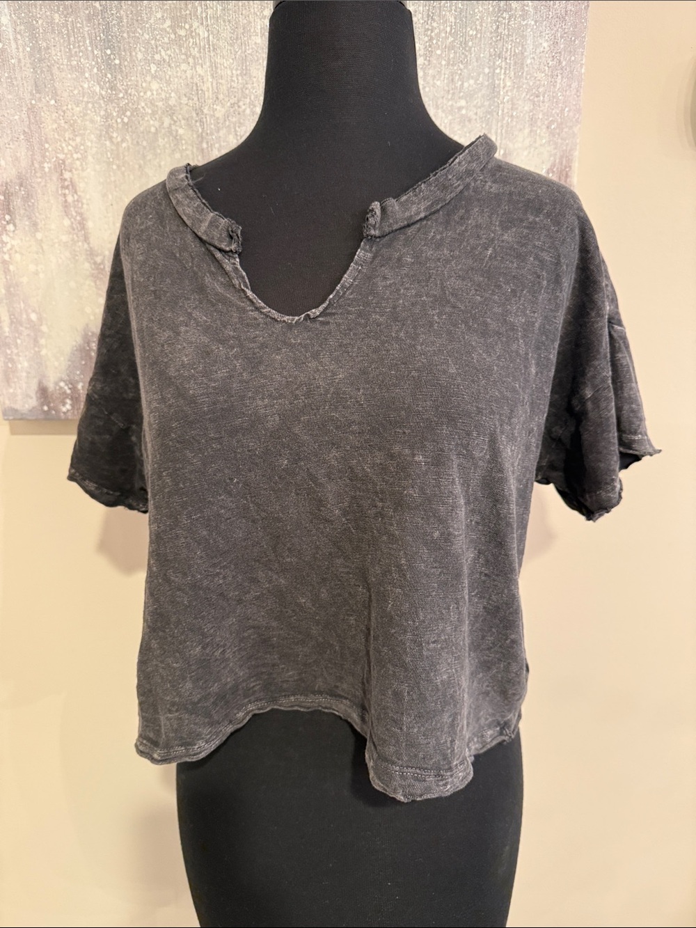 Washed Black Cropped V-Neck Short Sleeve Top Size Small